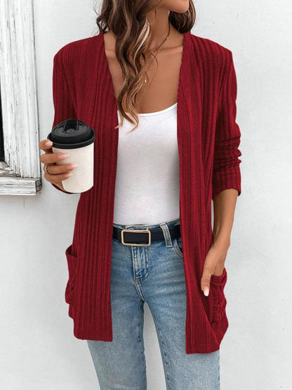 Women's Solid Pocket Ribbed Cardigan