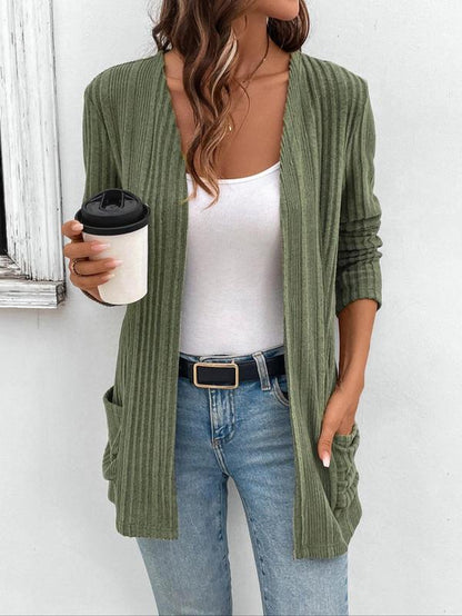 Women's Solid Pocket Ribbed Cardigan