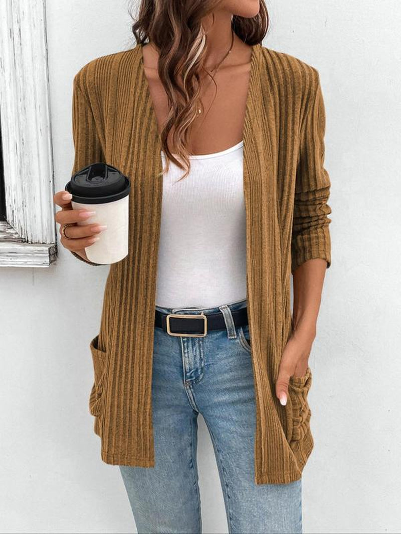 Women's Solid Pocket Ribbed Cardigan