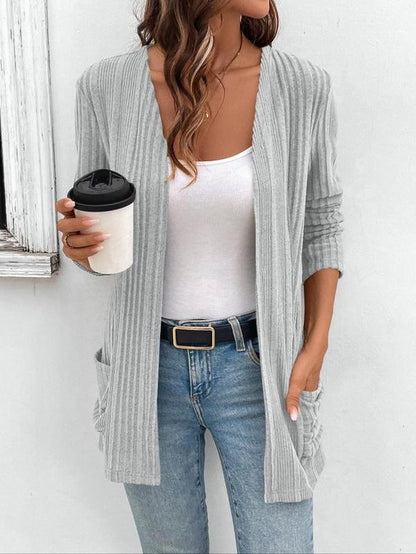 Women's Solid Pocket Ribbed Cardigan